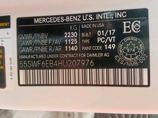 55SWF6EB4HU207976 - 2017 MERCEDES-BENZ C 43 4MATI WHITE photo 10