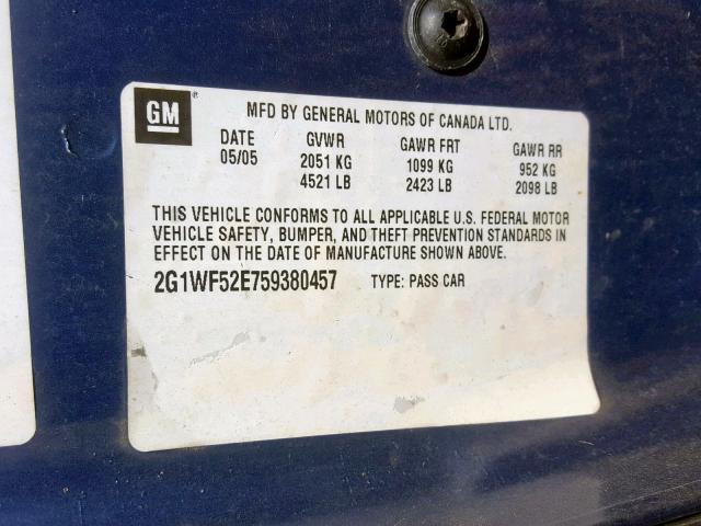 2G1WF52E759380457 - 2005 CHEVROLET IMPALA BLUE photo 10