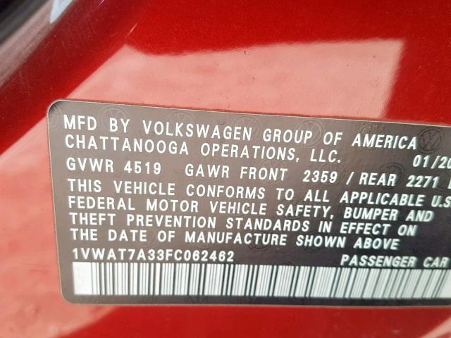 1VWAT7A33FC062462 - 2015 VOLKSWAGEN PASSAT S RED photo 10