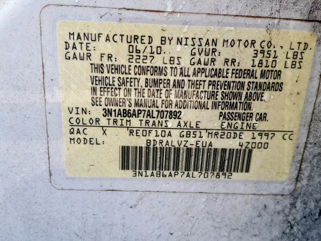 3N1AB6AP7AL707892 - 2010 NISSAN SENTRA 2.0 WHITE photo 10