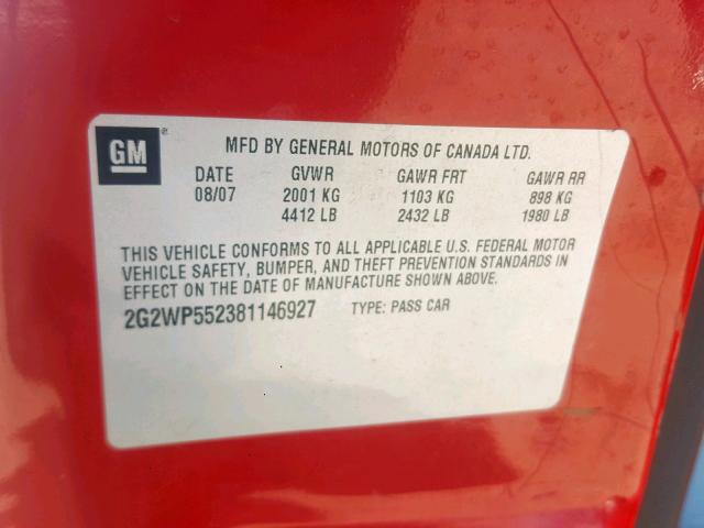 2G2WP552381146927 - 2008 PONTIAC GRAND PRIX RED photo 10
