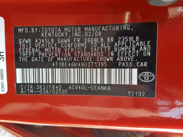 4T1BE46K49U271395 - 2009 TOYOTA CAMRY BASE RED photo 10