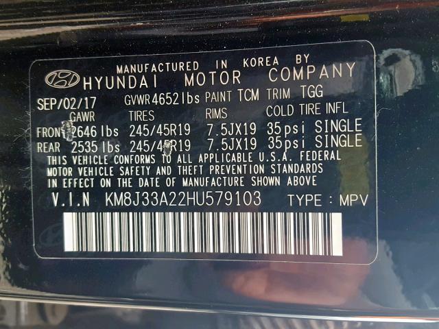 KM8J33A22HU579103 - 2017 HYUNDAI TUCSON LIM BLACK photo 10