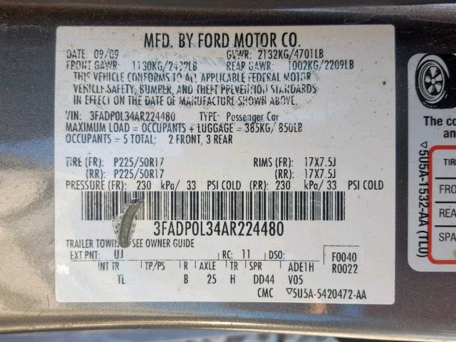 3FADP0L34AR224480 - 2010 FORD FUSION HYB GRAY photo 10