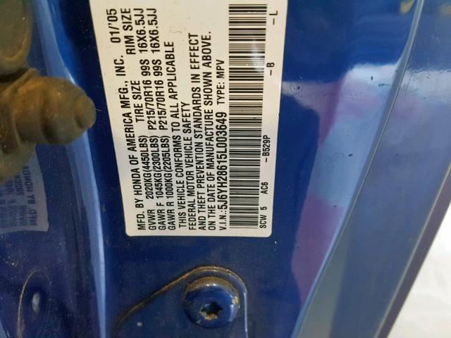 5J6YH28615L003649 - 2005 HONDA ELEMENT EX BLUE photo 10