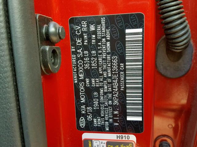 3KPA24AB4JE136663 - 2018 KIA RIO LX RED photo 10