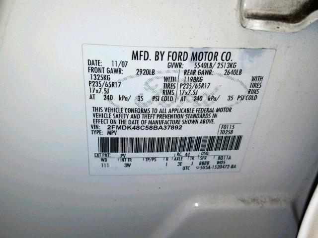 2FMDK48C58BA37892 - 2008 FORD EDGE SEL WHITE photo 10