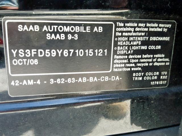 YS3FD59Y671015121 - 2007 SAAB 9-3 2.0T BLACK photo 10