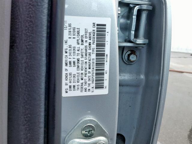 1HGCP2F87CA035619 - 2012 HONDA ACCORD EXL SILVER photo 10