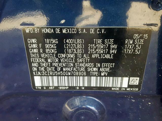 3CZRU5H50GM708906 - 2016 HONDA HR-V EX BLUE photo 10