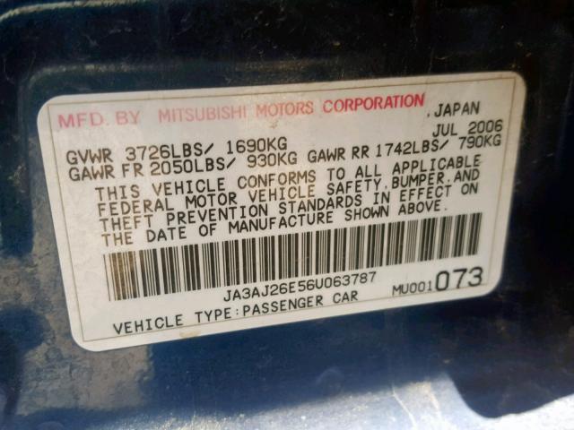 JA3AJ26E56U063787 - 2006 MITSUBISHI LANCER ES BLUE photo 10