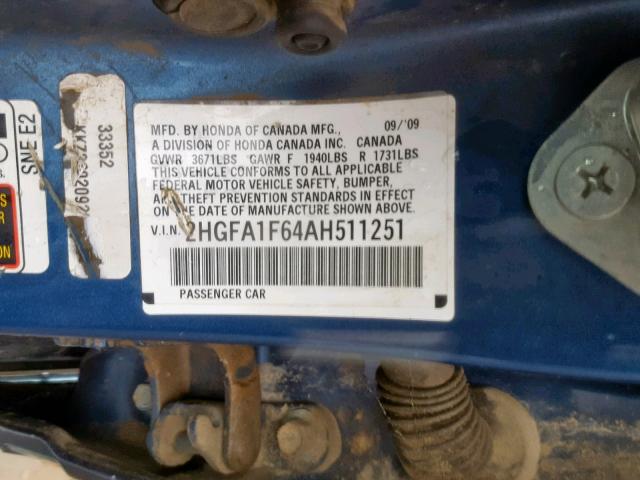 2HGFA1F64AH511251 - 2010 HONDA CIVIC LX-S أزرق صورة 10