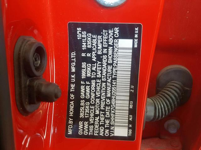 SHHFK7G49HU205141 - 2017 HONDA CIVIC SPOR RED photo 10