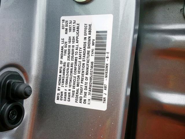 7FARW2H85JE074646 - 2018 HONDA CR-V EXL SILVER photo 10