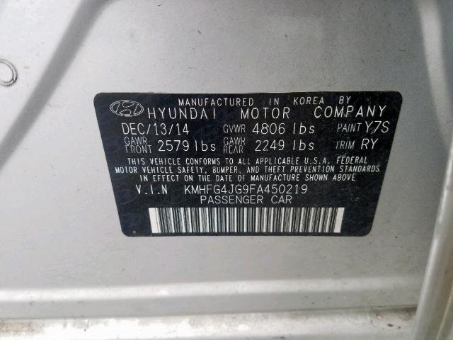 KMHFG4JG9FA450219 - 2015 HYUNDAI AZERA SILVER photo 10