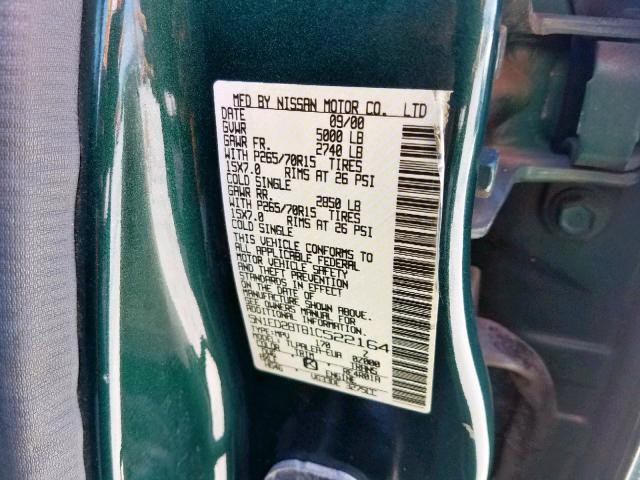 5N1ED28T81C522164 - 2001 NISSAN XTERRA XE GREEN photo 10