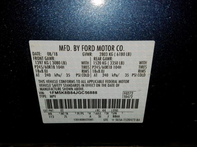 1FM5K8B84JGC56888 - 2018 FORD EXPLORER BLUE photo 10