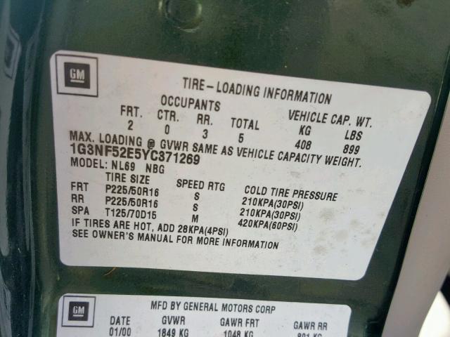 1G3NF52E5YC371269 - 2000 OLDSMOBILE ALERO GLS 绿色 照片 10