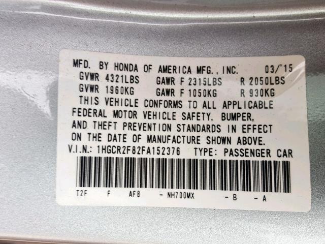 1HGCR2F82FA152376 - 2015 HONDA ACCORD EXL SILVER photo 10