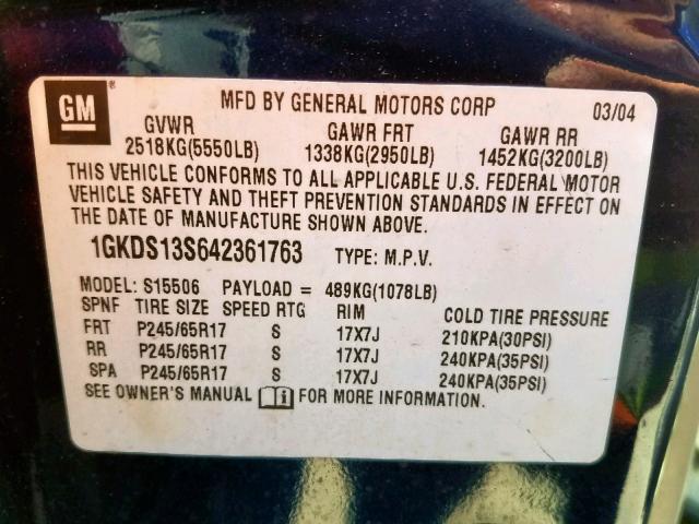 1GKDS13S642361763 - 2004 GMC ENVOY BLUE photo 10