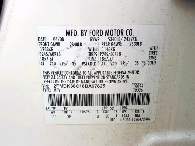 2FMDK38C18BA97825 - 2008 FORD EDGE SEL WHITE photo 10