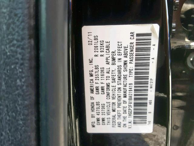 1HGCP3F81BA019419 - 2011 HONDA ACCORD EXL BLACK photo 10