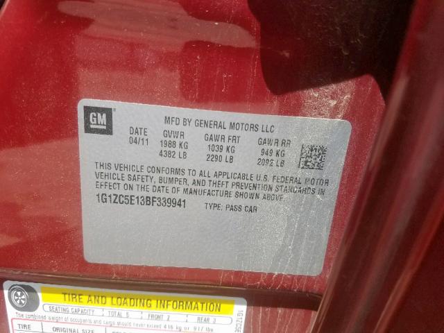 1G1ZC5E13BF339941 - 2011 CHEVROLET MALIBU 1LT 红色 照片 10