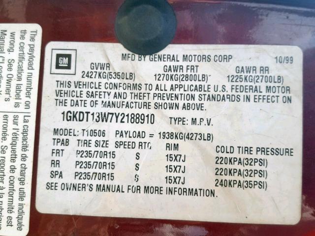 1GKDT13W7Y2188910 - 2000 GMC JIMMY / EN MAROON photo 10