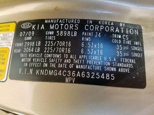 KNDMG4C36A6325485 - 2010 KIA SEDONA LX TAN photo 10