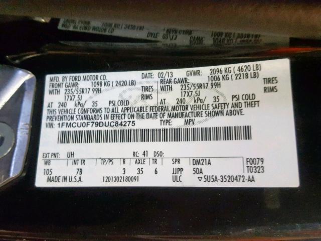 1FMCU0F79DUC84275 - 2013 FORD ESCAPE S BLACK photo 10