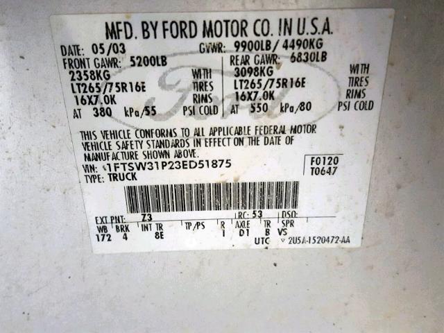 1FTSW31P23ED51875 - 2003 FORD F350 SRW S SILVER photo 10