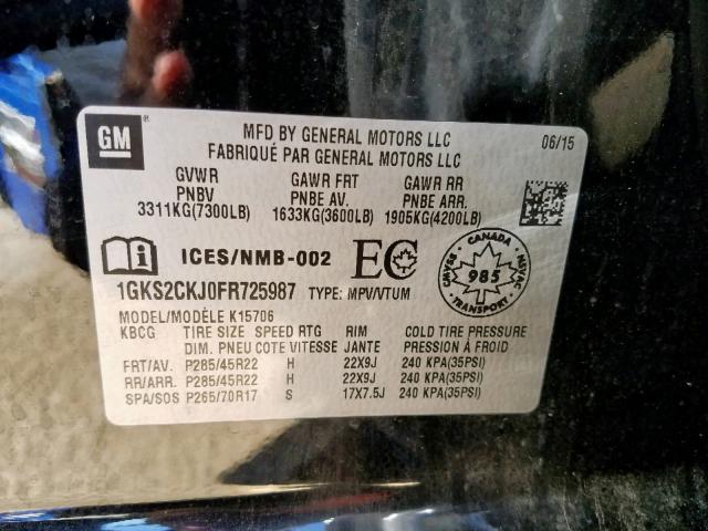 1GKS2CKJ0FR725987 - 2015 GMC YUKON DENA BLACK photo 10