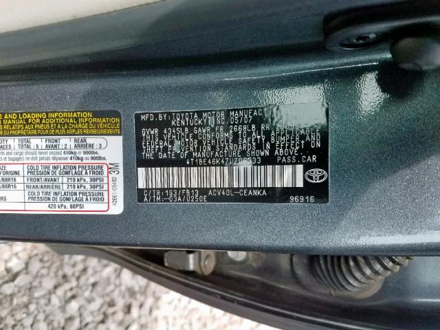 4T1BE46K47U706333 - 2007 TOYOTA CAMRY NEW GRAY photo 10