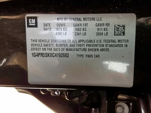 1G4PR5SKXC4192682 - 2012 BUICK VERANO CON BLACK photo 10