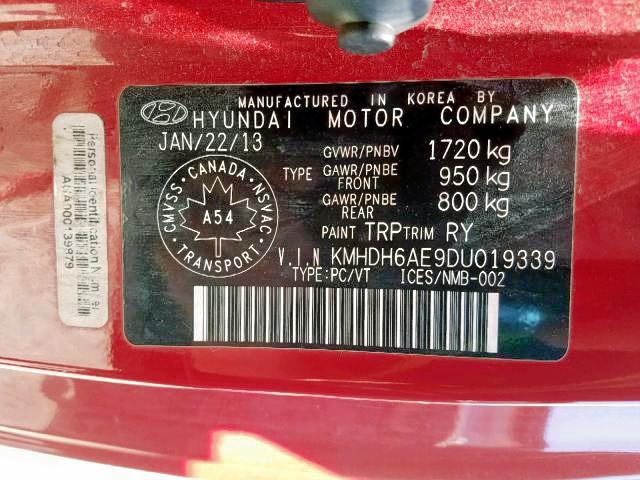 KMHDH6AE9DU019339 - 2013 HYUNDAI ELANTRA CO RED photo 9