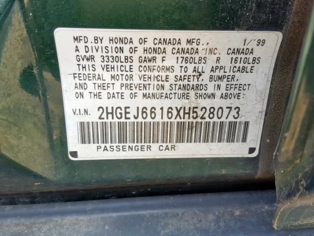 2HGEJ6616XH528073 - 1999 HONDA CIVIC BASE Yaşıl foto 10