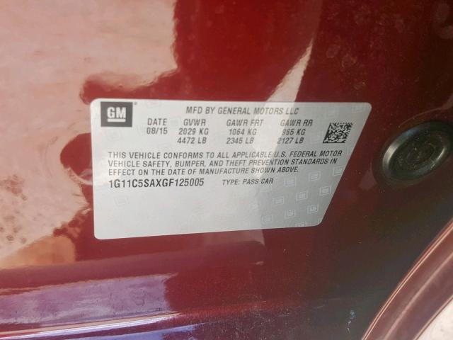 1G11C5SAXGF125005 - 2016 CHEVROLET MALIBU LIM 勃艮第红 照片 10