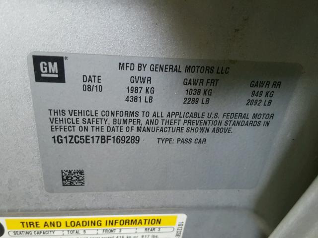 1G1ZC5E17BF169289 - 2011 CHEVROLET MALIBU 1LT SILVER photo 10