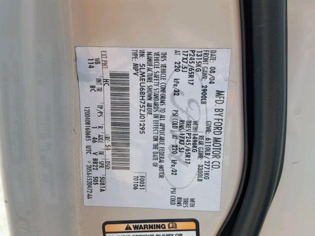 5LMEU68H75ZJ01295 - 2005 LINCOLN AVIATOR Bej foto 10