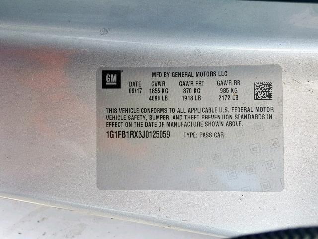 1G1FB1RX3J0125059 - 2018 CHEVROLET CAMARO LT SILVER photo 10