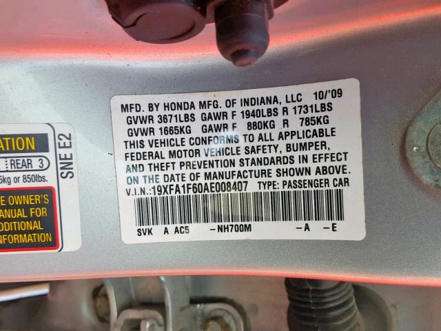 19XFA1F60AE008407 - 2010 HONDA CIVIC LX-S Gümüş foto 10