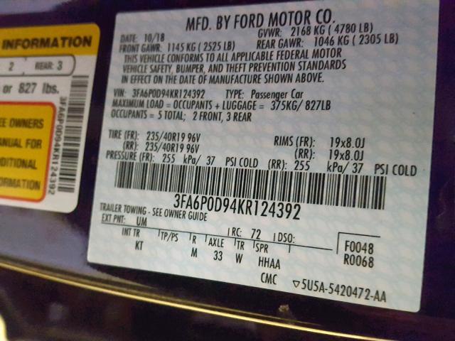 3FA6P0D94KR124392 - 2019 FORD FUSION TIT BLACK photo 10