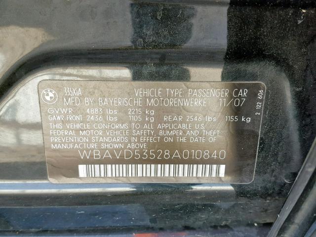 WBAVD53528A010840 - 2008 BMW 335 XI BLACK photo 10