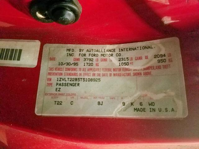 1ZVLT22B5T5108925 - 1996 FORD PROBE GT RED photo 10