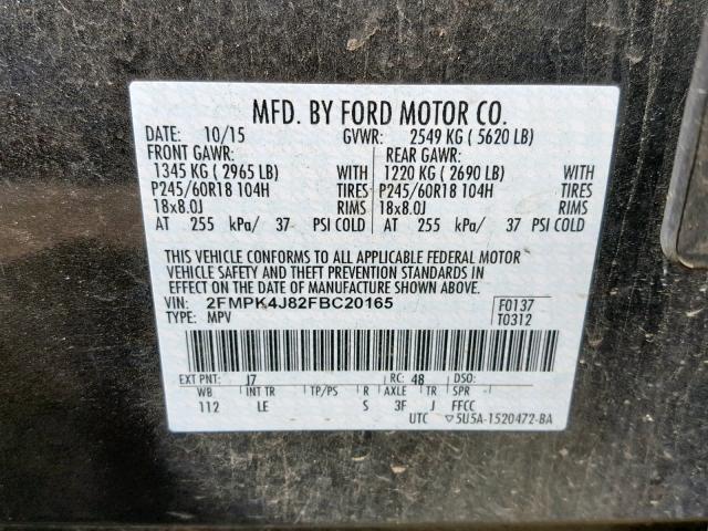 2FMPK4J82FBC20165 - 2015 FORD EDGE SEL GRAY photo 10