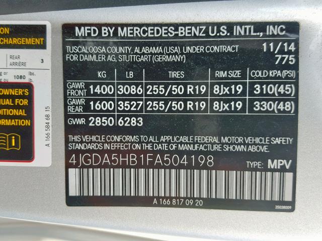 4JGDA5HB1FA504198 - 2015 MERCEDES-BENZ ML 350 4MA SILVER photo 10