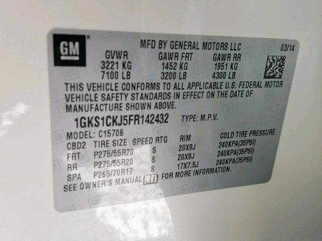 1GKS1CKJ5FR142432 - 2015 GMC YUKON DENA WHITE photo 10