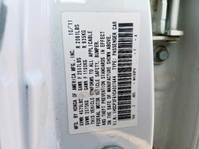 1HGCP3F81CA007644 - 2012 HONDA ACCORD EXL WHITE photo 10