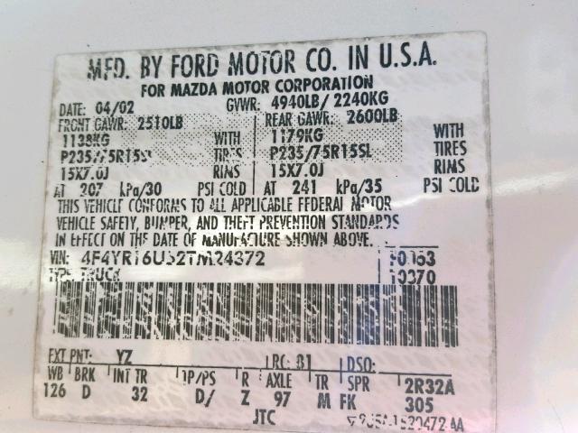 4F4YR16U52TM24372 - 2002 MAZDA B3000 CAB WHITE photo 10