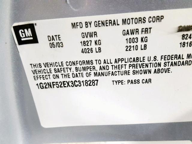 1G2NF52EX3C318287 - 2003 PONTIAC GRAND AM S SILVER photo 10